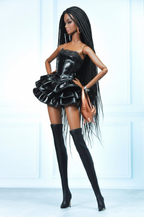 BASIC | Black Siren – Sheer Mesh & Vegan Leather Mini Dress for Fashion Royalty 6.0 Dolls