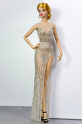 HAUTE | Golden Illusion Beaded Gown for Fashion Royalty 6.0 Doll | Sheer Evening Dress with High Slit | Handmade Couture Doll Clothes by Plastiktiara