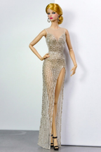 HAUTE | Golden Illusion Beaded Gown for Fashion Royalty 6.0 Doll | Sheer Evening Dress with High Slit | Handmade Couture Doll Clothes by Plastiktiara