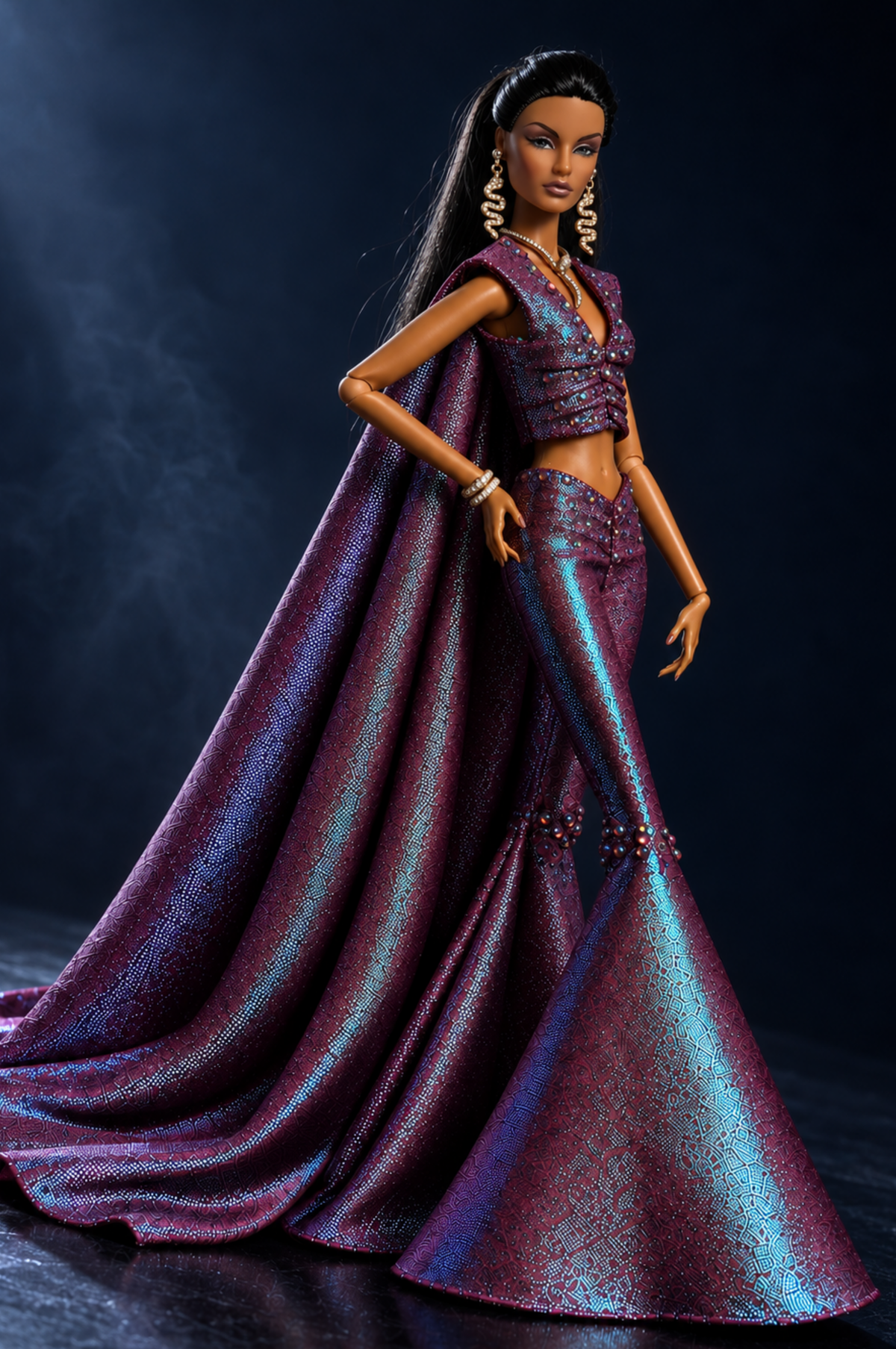 MIDNIGHT TALES | MIDNIGHT MIRAGE — Iridescent Plum Cape Top & Flared Trousers | 1:6 Fashion Doll Outfit | Plastiktiara