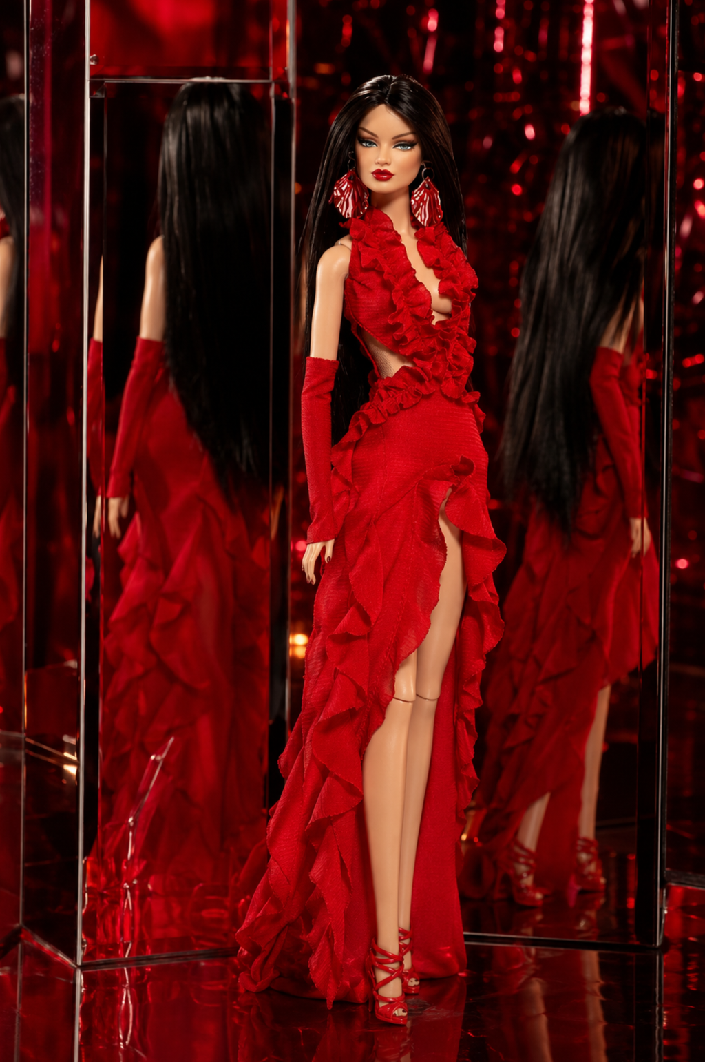 BASIC | BASIC Red Ruffle Evening Gown for 1-6 Fashion Royalty Dolls Handmade Couture Dress with Gloves Doll Clothes | Plastiktiara