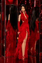 BASIC | BASIC Red Ruffle Evening Gown for 1-6 Fashion Royalty Dolls Handmade Couture Dress with Gloves Doll Clothes | Plastiktiara