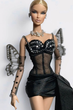 EDEN CHOICE | 1/6 Scale Black Crystal Corset Mini Dress Set – Handmade Couture Evening Outfit with Mesh Corset, Rhinestone Bustier & Draped Train – Fashion Doll Clothes | Plastiktiara