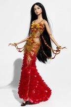 HAUTE | OOAK Red Gold Couture Mermaid Gown for Fashion Royalty Doll Clothes 1/6 Scale Handmade Evening Dress | Plastiktiara