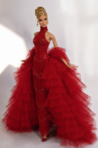 HAUTE | Red Crystal Couture Gown with Removable Ruffle Train for 1/6 Scale Fashion Dolls – Handmade Evening Dress | Plastiktiara