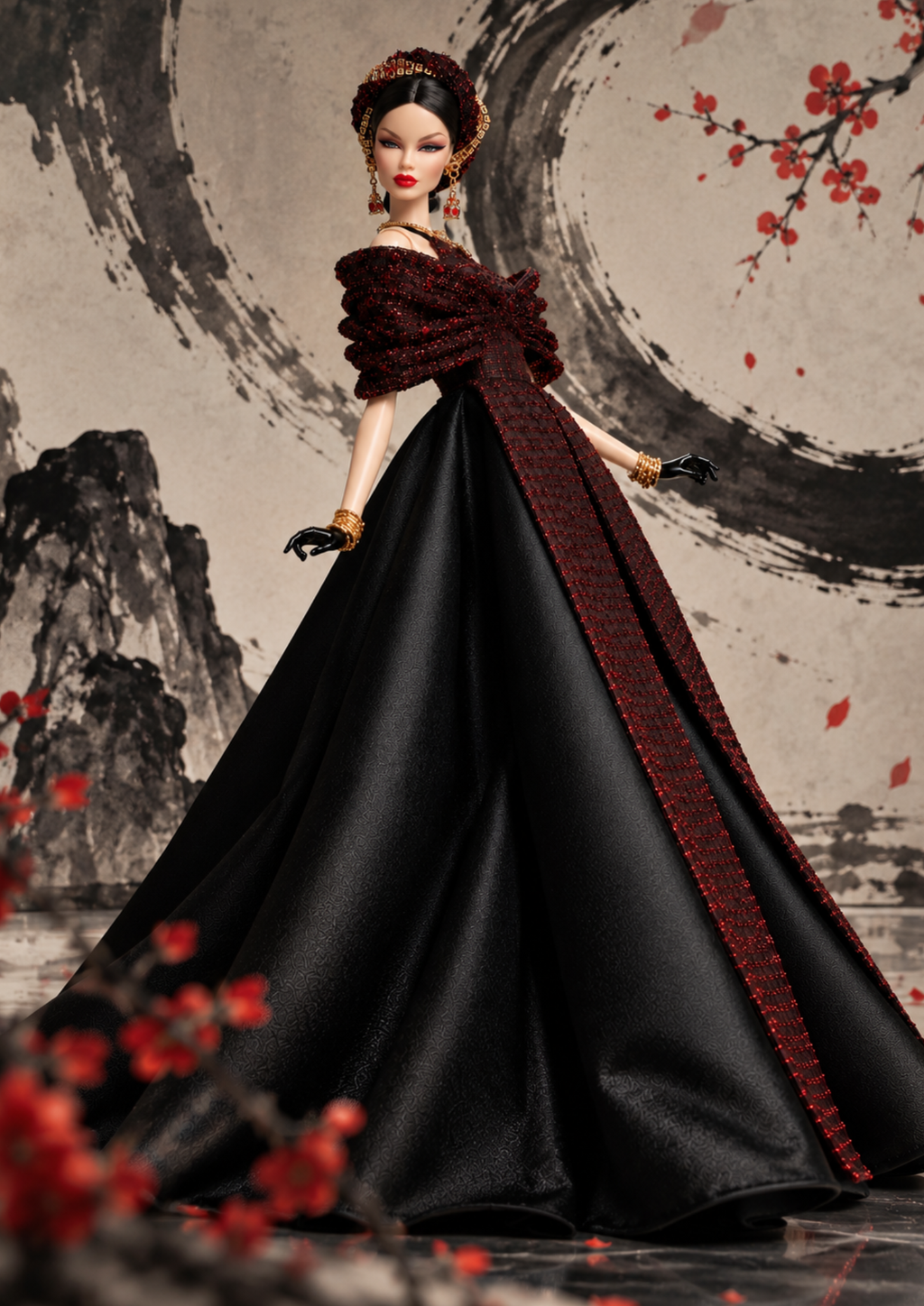 MOTHERSHIP  INK BLOSSOM | 1/6 Scale Couture Fashion Royalty Doll Gown |Plastiktiara
