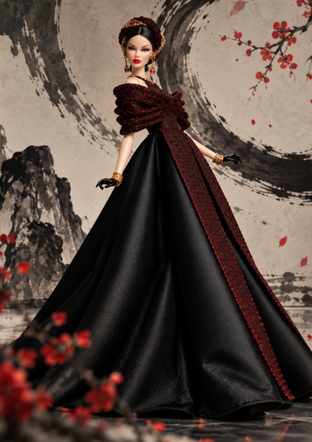 MOTHERSHIP  INK BLOSSOM | 1/6 Scale Couture Fashion Royalty Doll Gown |Plastiktiara