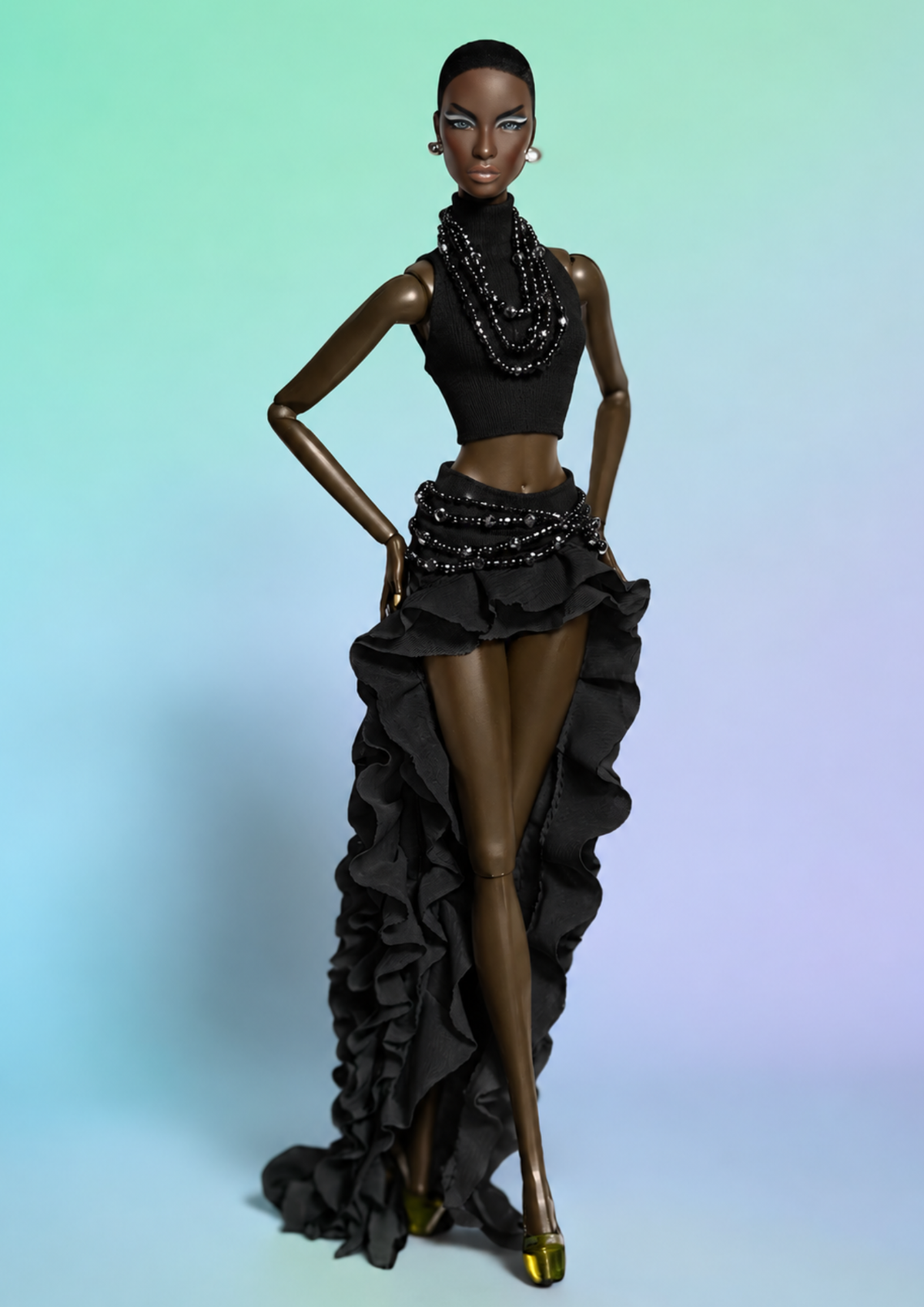 BASIC | After Dark Ruffle Set | Plastiktiara  1/6 Scale Fashion Doll Clothes | Black Ruffle Skirt & Crop Top Set | Fashion Royalty Doll Clothes