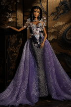 OOAK  | OOAK Fashion Doll Evening Gown - Handmade Couture Purple Glitter Mermaid Dress with Crystal Floral Overlay for Fashion Royalty Doll | Plastiktiara
