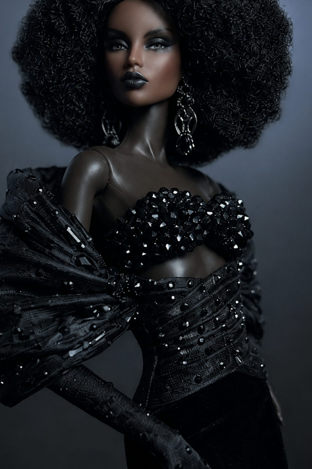 HAUTE| Black Beaded Evening Gown for 12 Inch Fashion Dolls | Glamorous Couture Dress | Collector Doll Clothes | OOAK Fashion Doll Outfit