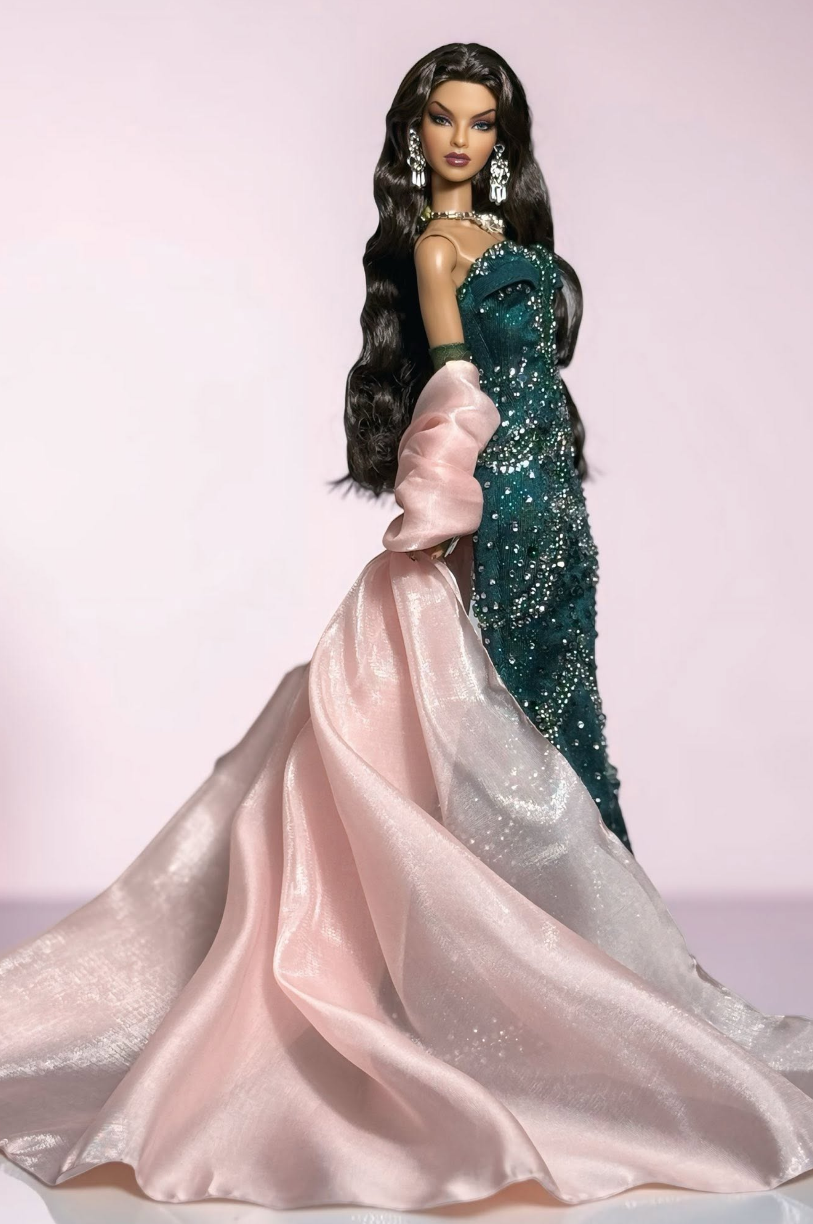 OOAK | Emerald Odyssey Gown & Blush Opera Coat Set – Fashion Royalty 6.0 Doll Clothes | Plastiktiara