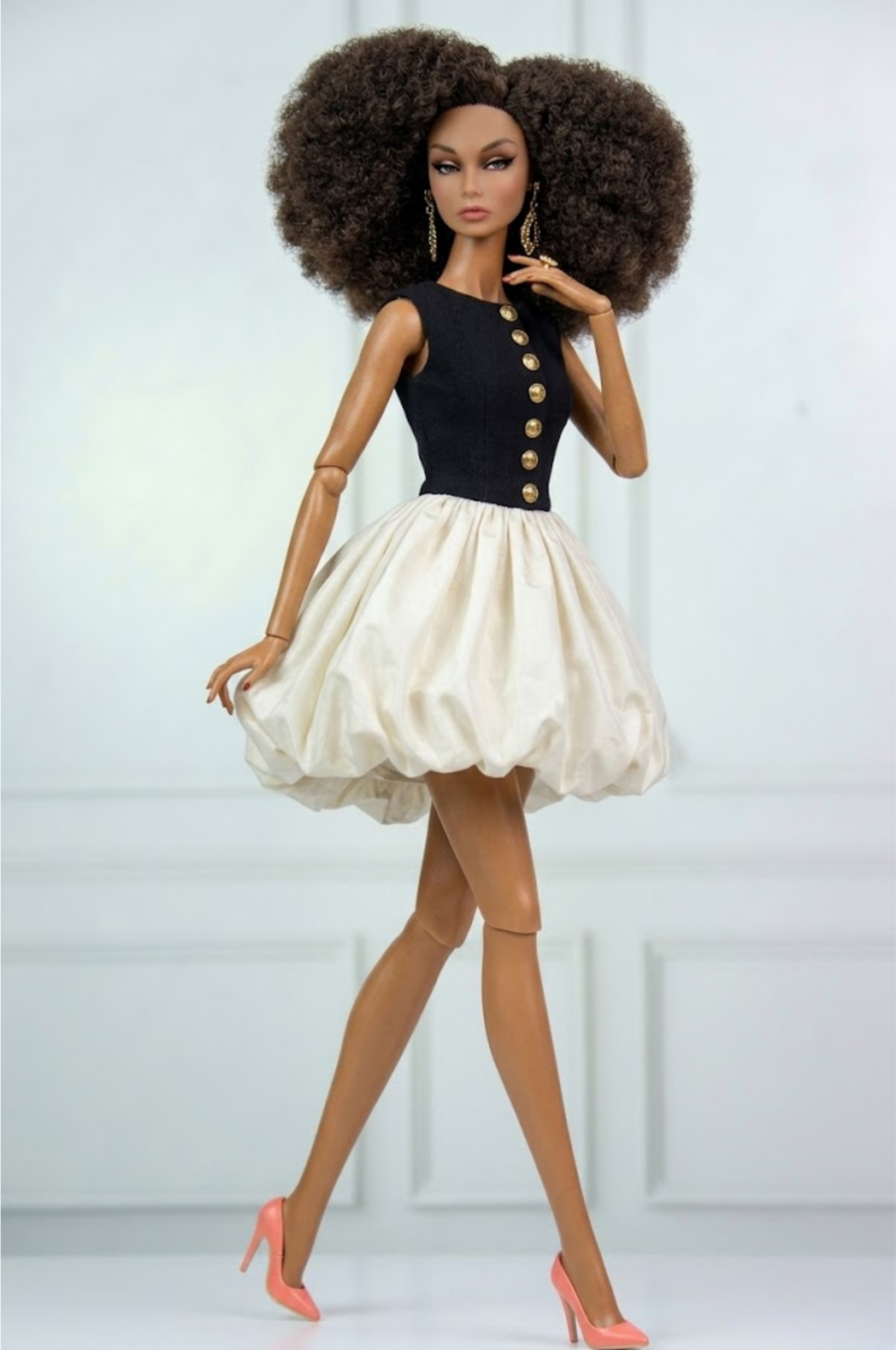 MODERN SENSUAL | A Black Button Bodice & Ivory Bubble Skirt Mini Dress | Elegant Couture Outfit for FR Dolls