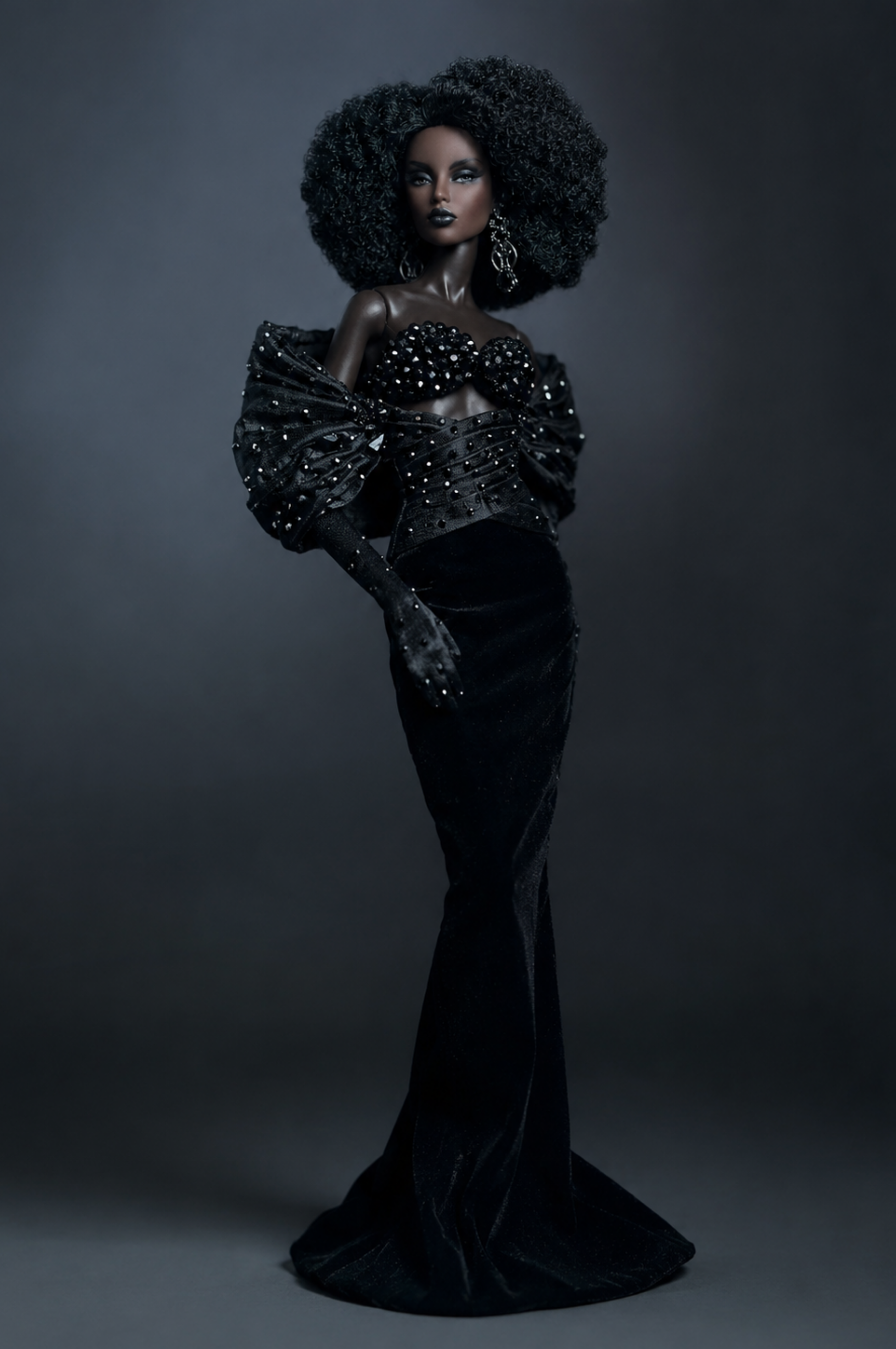 HAUTE| Black Beaded Evening Gown for 12 Inch Fashion Dolls | Glamorous Couture Dress | Collector Doll Clothes | OOAK Fashion Doll Outfit