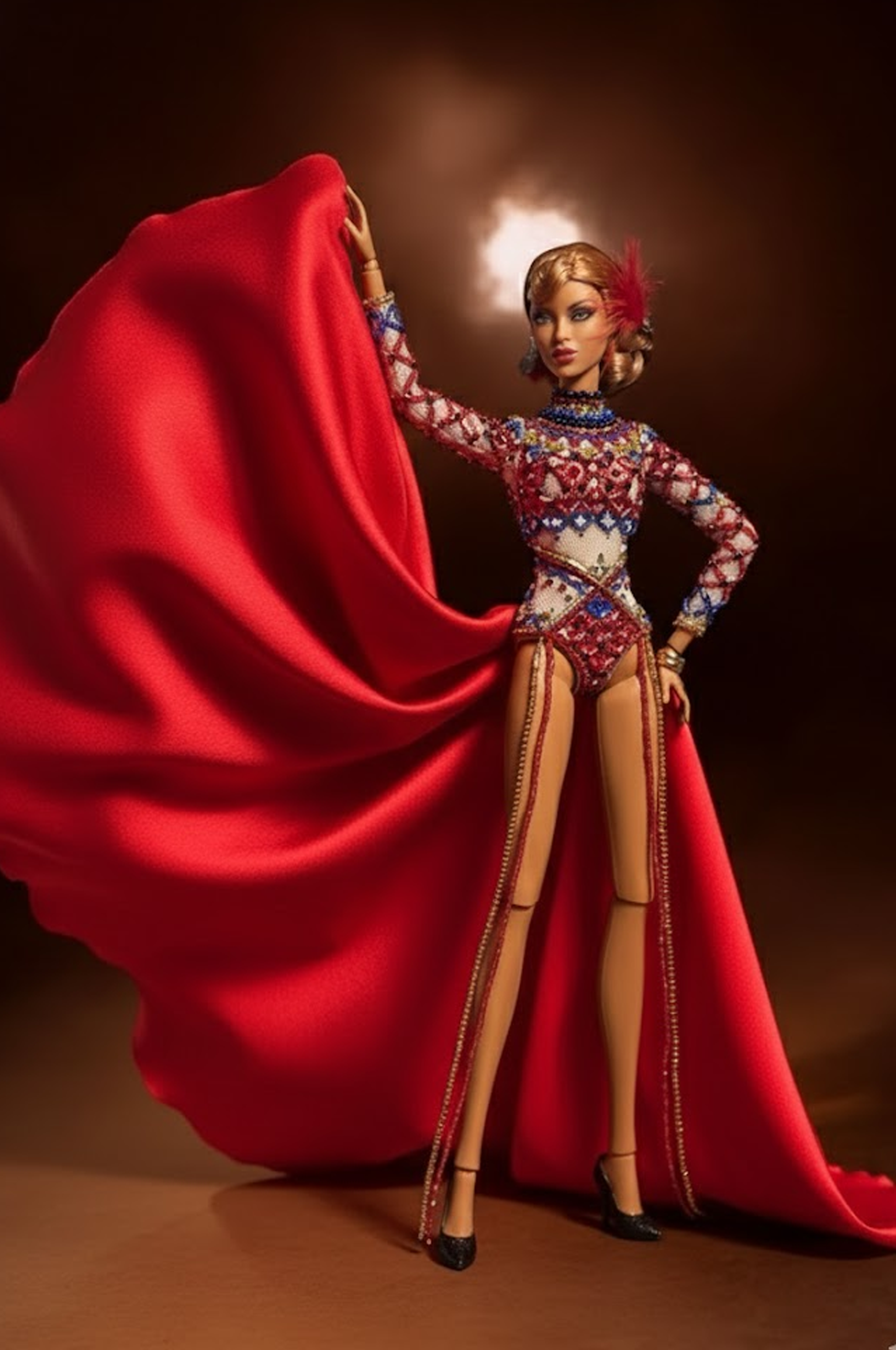HAUTE | Crimson Spectacle – Couture Bodysuit & Dramatic Cape for 1/6 Scale High Fashion Doll Clothes