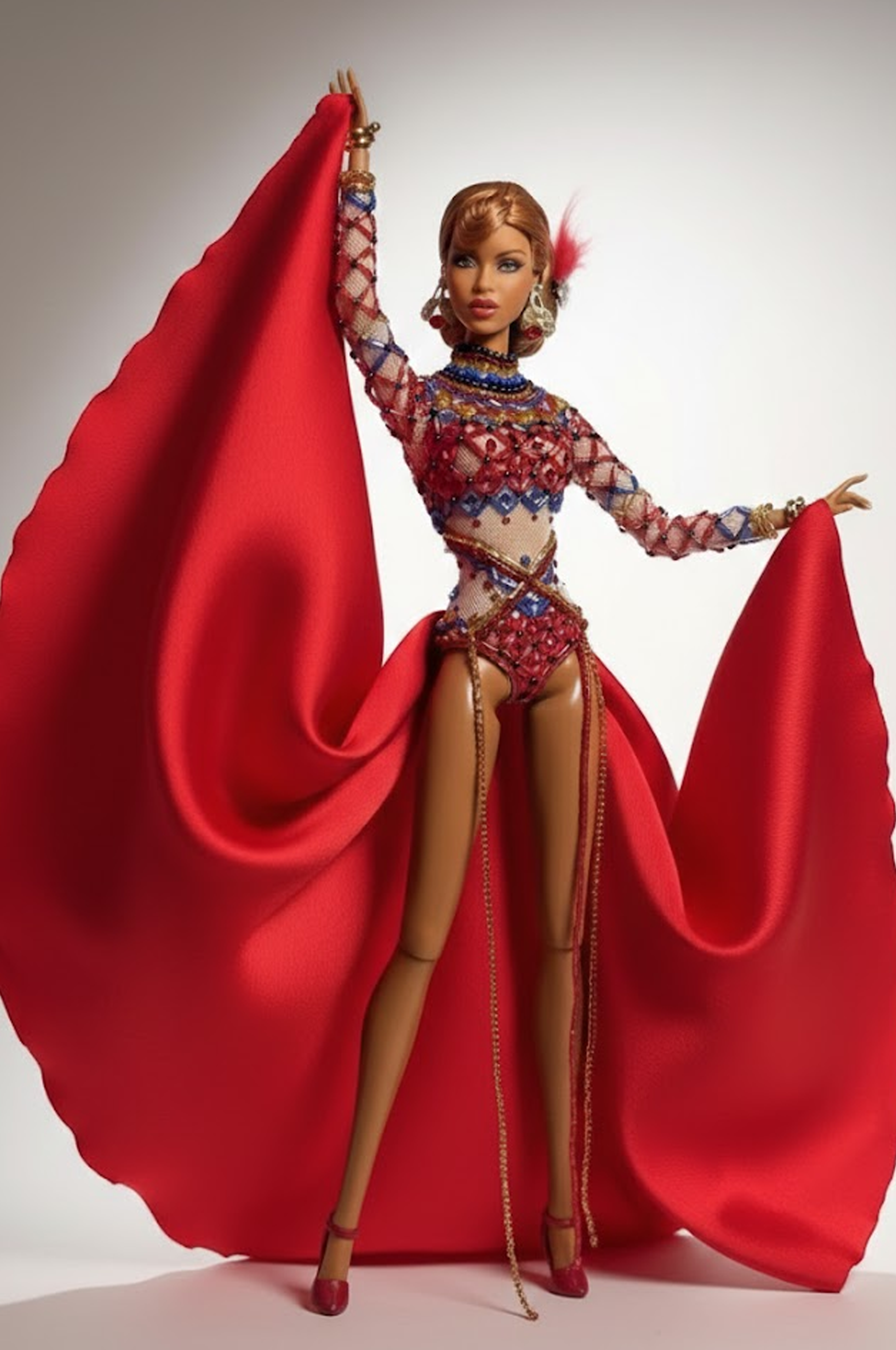 HAUTE | Crimson Spectacle – Couture Bodysuit & Dramatic Cape for 1/6 Scale High Fashion Doll Clothes