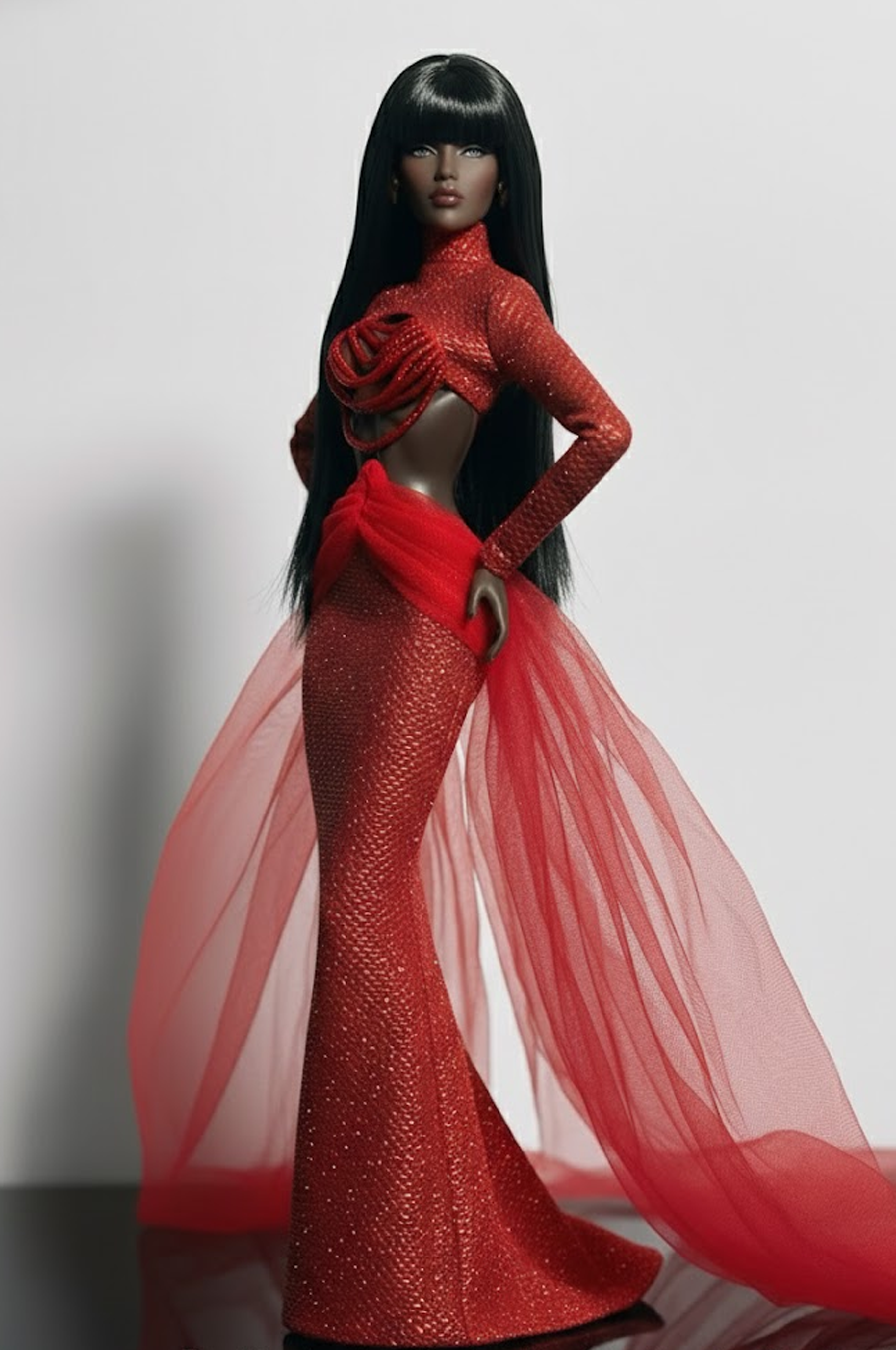 HAUTE | Crimson Halo Sequin Gown with Sculpted Tulle Wings for 1/6 Scale High Fashion Doll Clothes