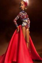 HAUTE | ( No skirt version)  Crimson Spectacle – Couture Bodysuit & Dramatic Cape for 1/6 Scale High Fashion Doll Clothes