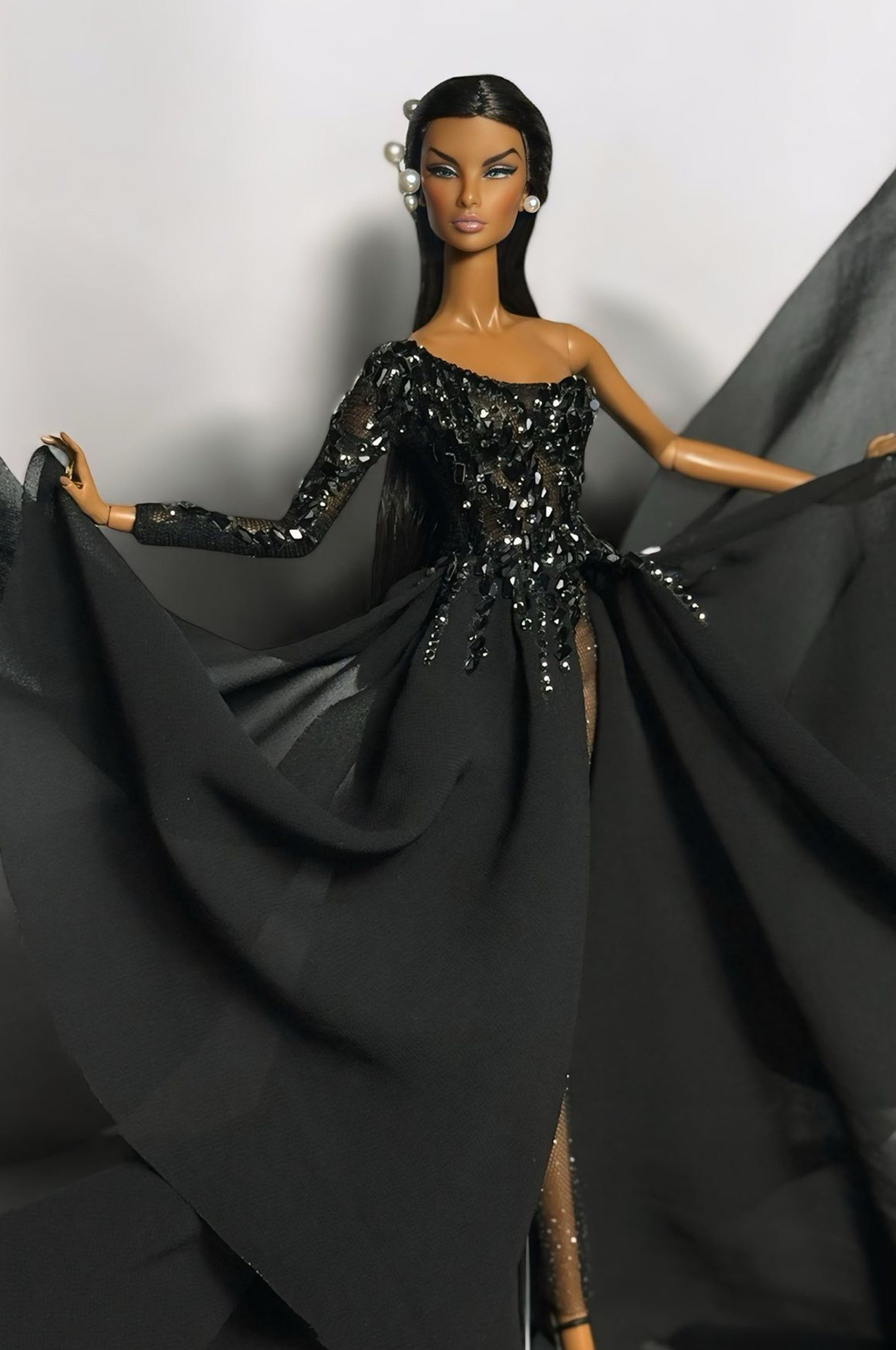 BASIC | Shimmerin’ Black Sequin Gown 1/6 High fashion doll clothes – Off-Shoulder Couture Dress with Dramatic Overskirt