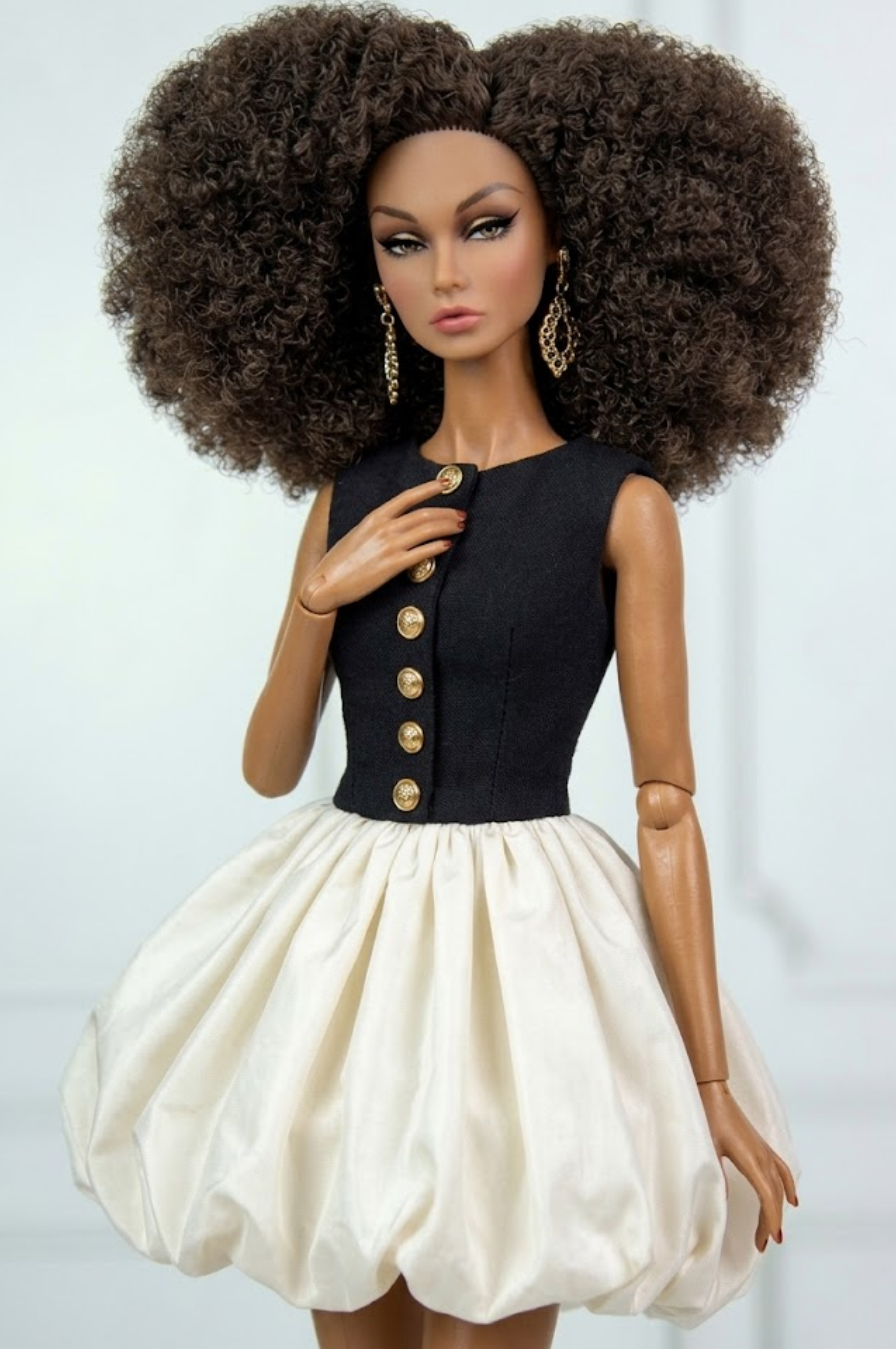 MODERN SENSUAL | A Black Button Bodice & Ivory Bubble Skirt Mini Dress | Elegant Couture Outfit for FR Dolls