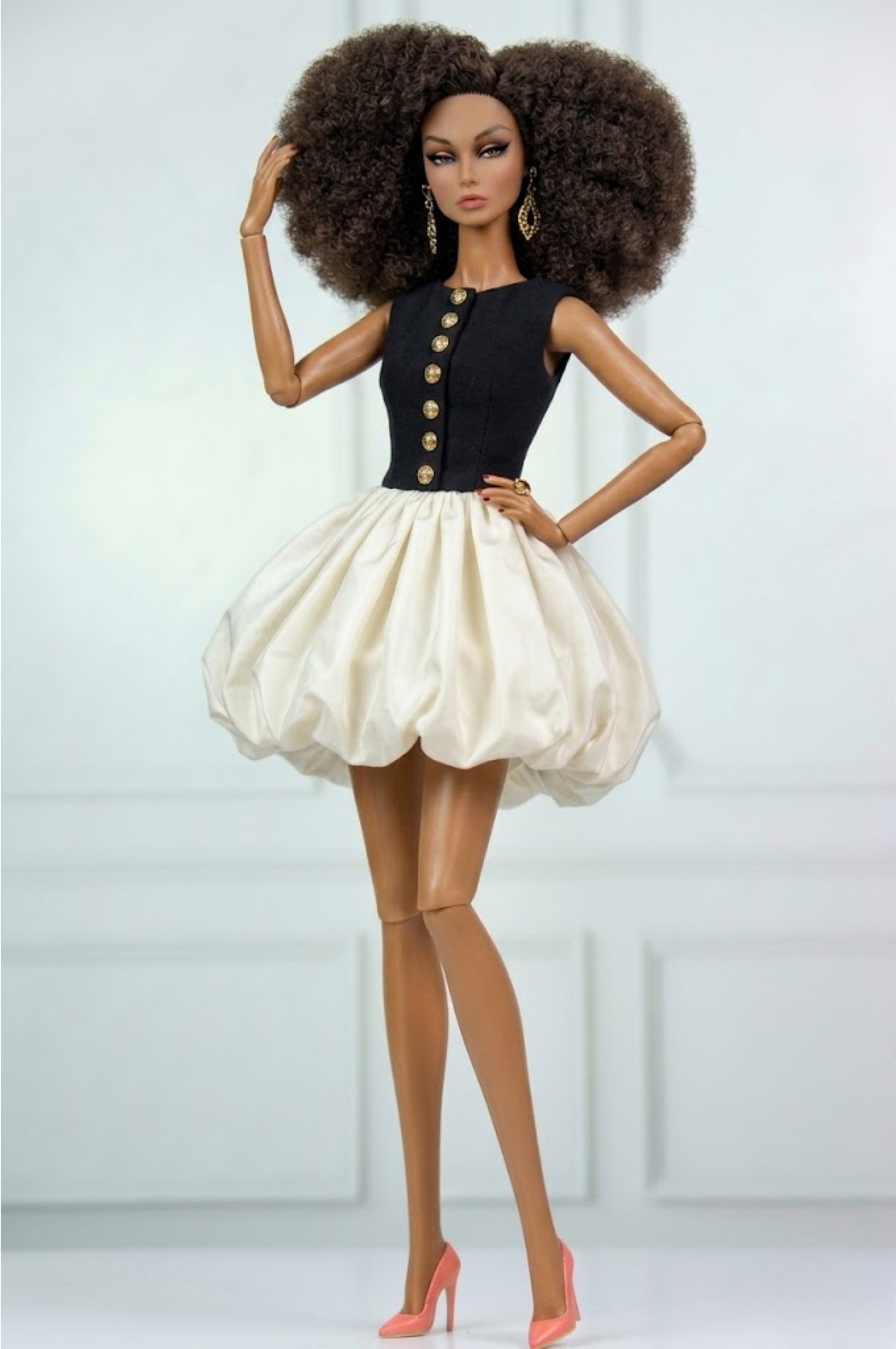 MODERN SENSUAL | A Black Button Bodice & Ivory Bubble Skirt Mini Dress | Elegant Couture Outfit for FR Dolls