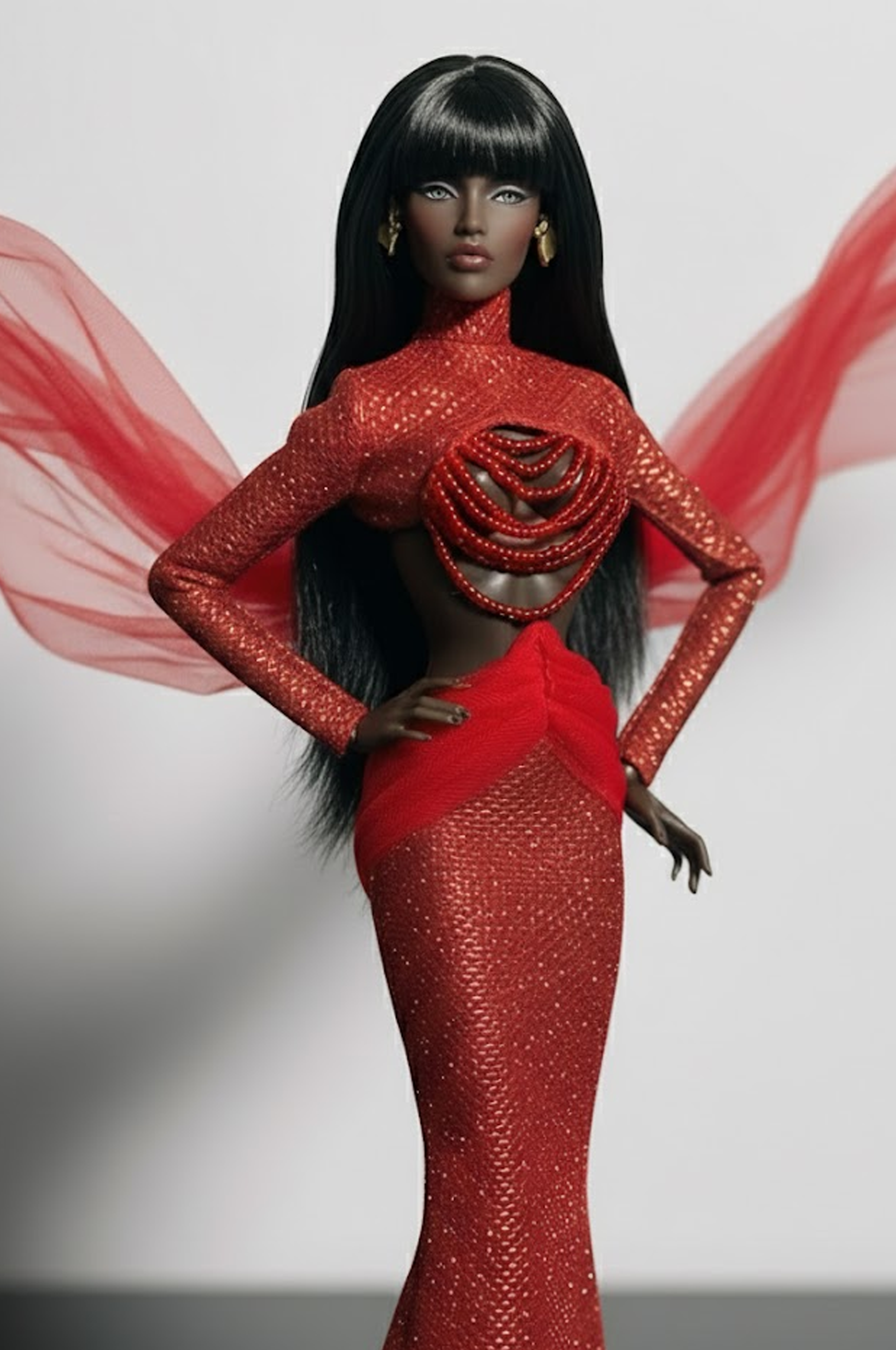 HAUTE | Crimson Halo Sequin Gown with Sculpted Tulle Wings for 1/6 Scale High Fashion Doll Clothes