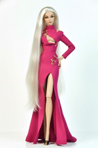 Barbie doll in a pink dress with a high slit on a white background
