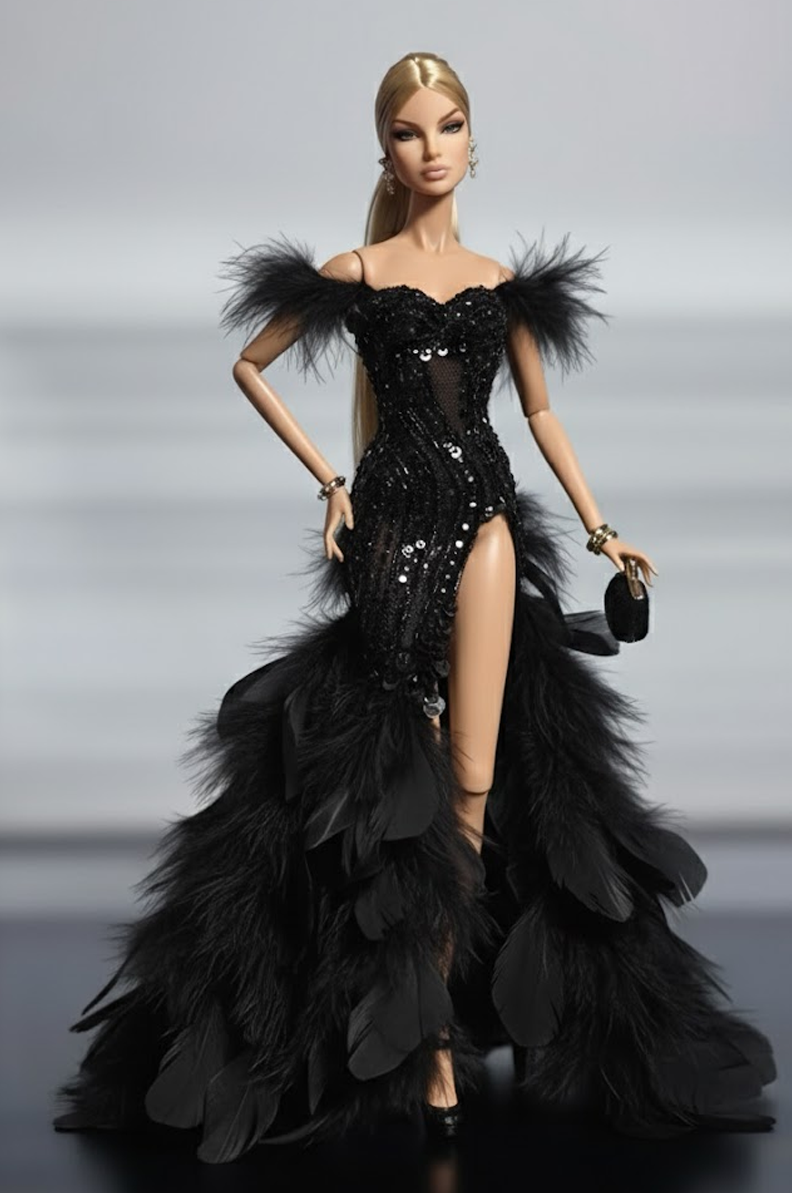 HAUTE | Midnight Plume – Couture Black Feather Gown for 1/6 Scale High Fashion Doll Clothes