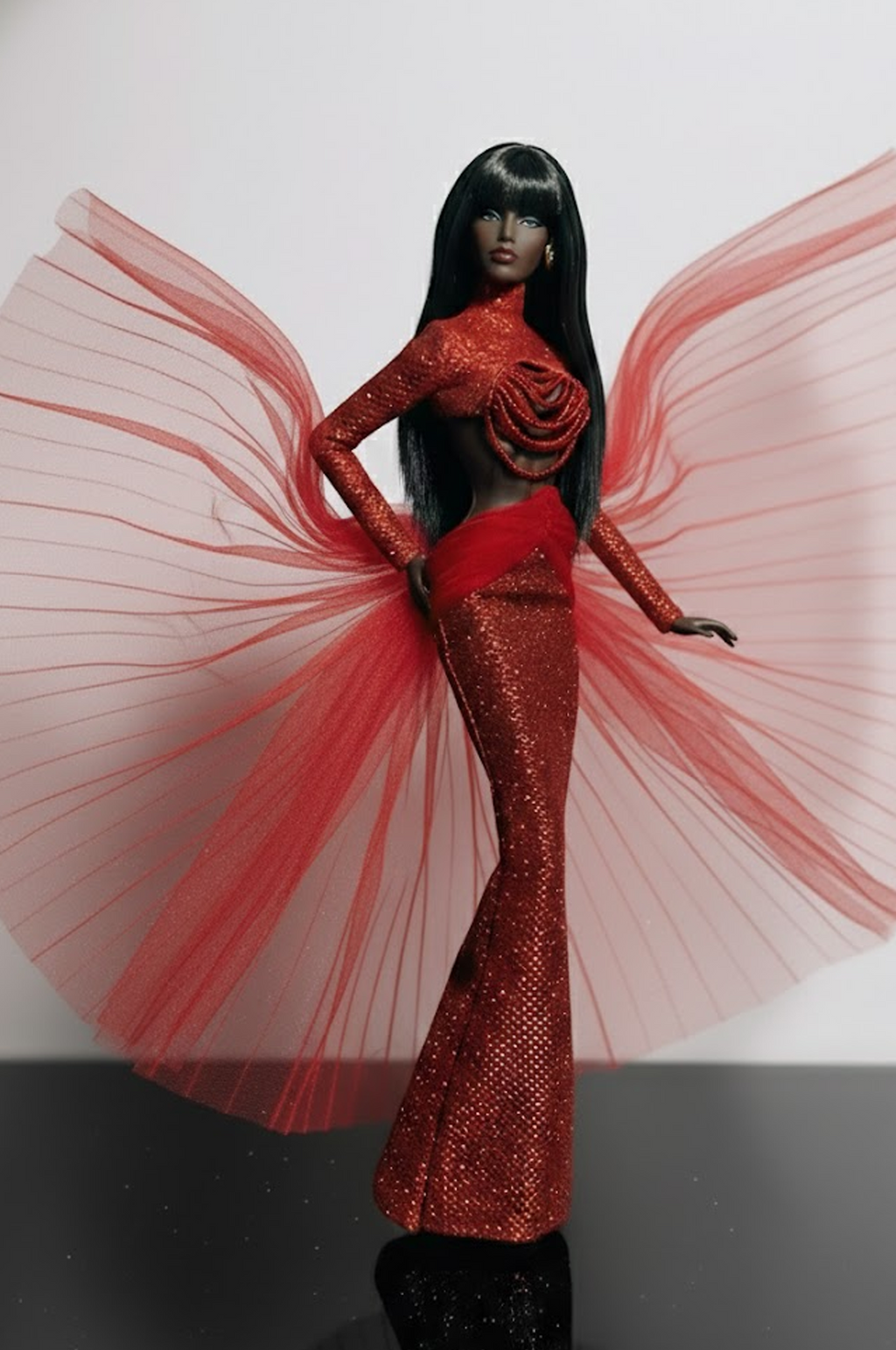 HAUTE | Crimson Halo Sequin Gown with Sculpted Tulle Wings for 1/6 Scale High Fashion Doll Clothes