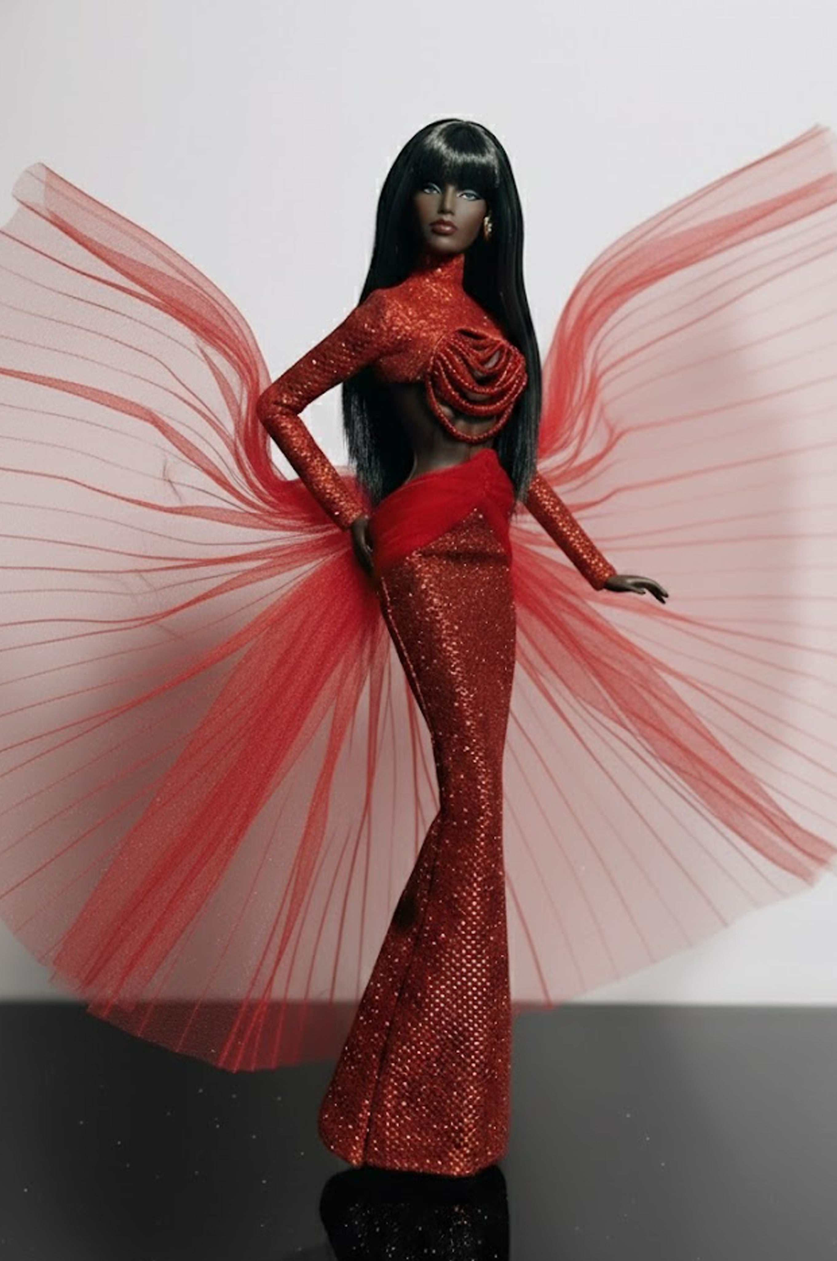 HAUTE | Crimson Halo Sequin Gown with Sculpted Tulle Wings for 1/6 Scale High Fashion Doll Clothes