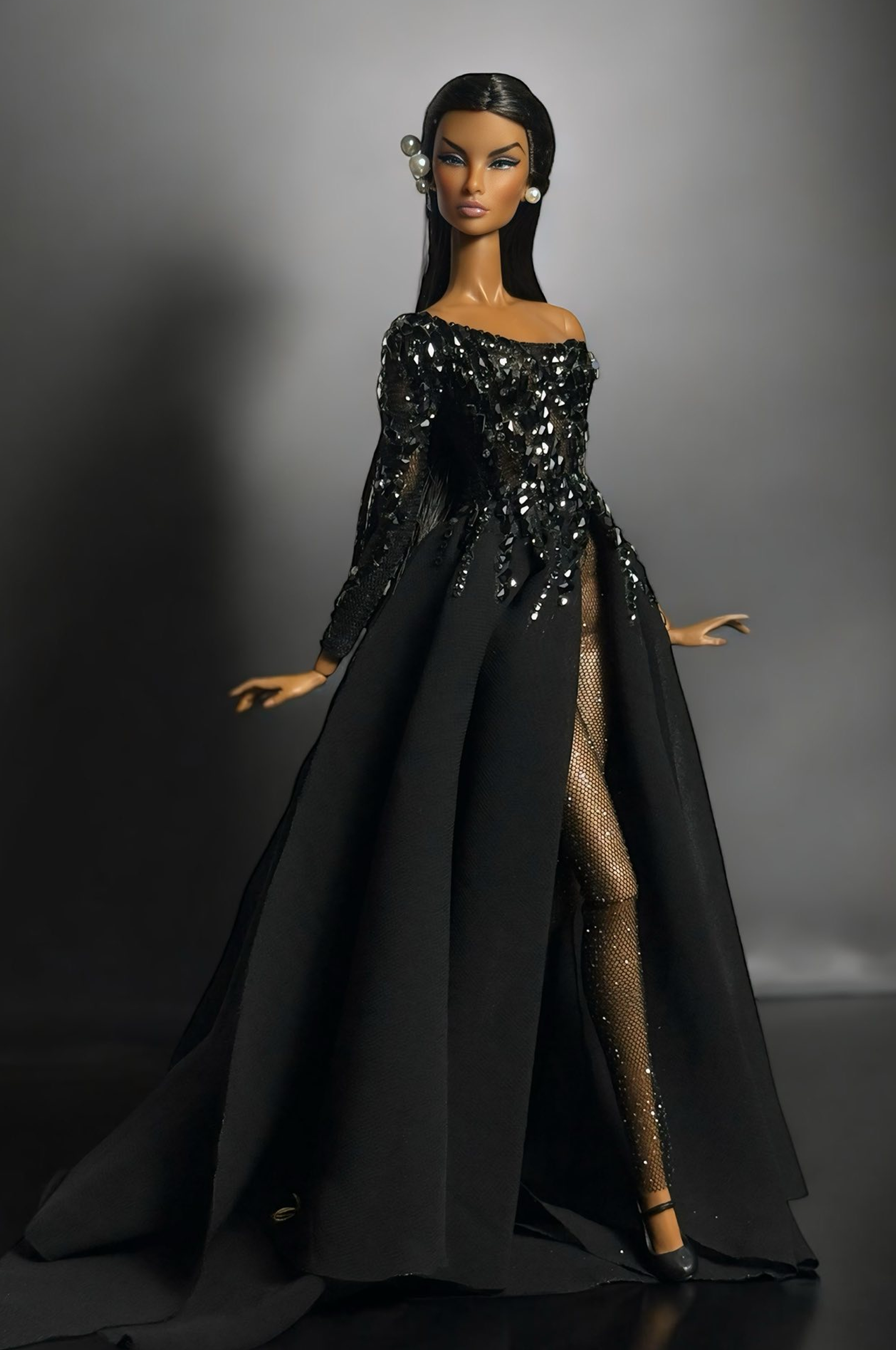 BASIC | Shimmerin’ Black Sequin Gown 1/6 High fashion doll clothes – Off-Shoulder Couture Dress with Dramatic Overskirt