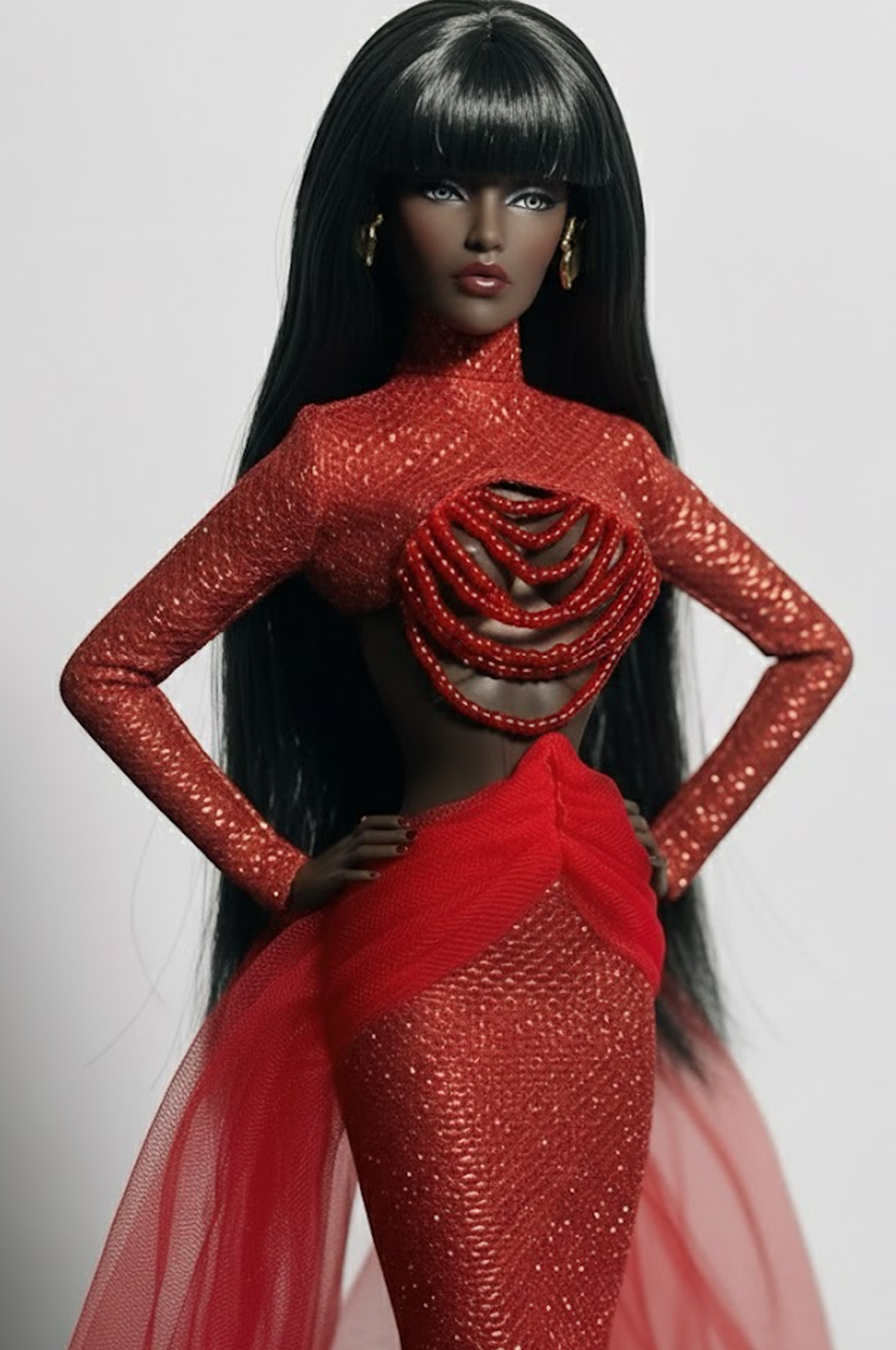 HAUTE | Crimson Halo Sequin Gown with Sculpted Tulle Wings for 1/6 Scale High Fashion Doll Clothes