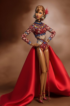 HAUTE | ( No skirt version)  Crimson Spectacle – Couture Bodysuit & Dramatic Cape for 1/6 Scale High Fashion Doll Clothes