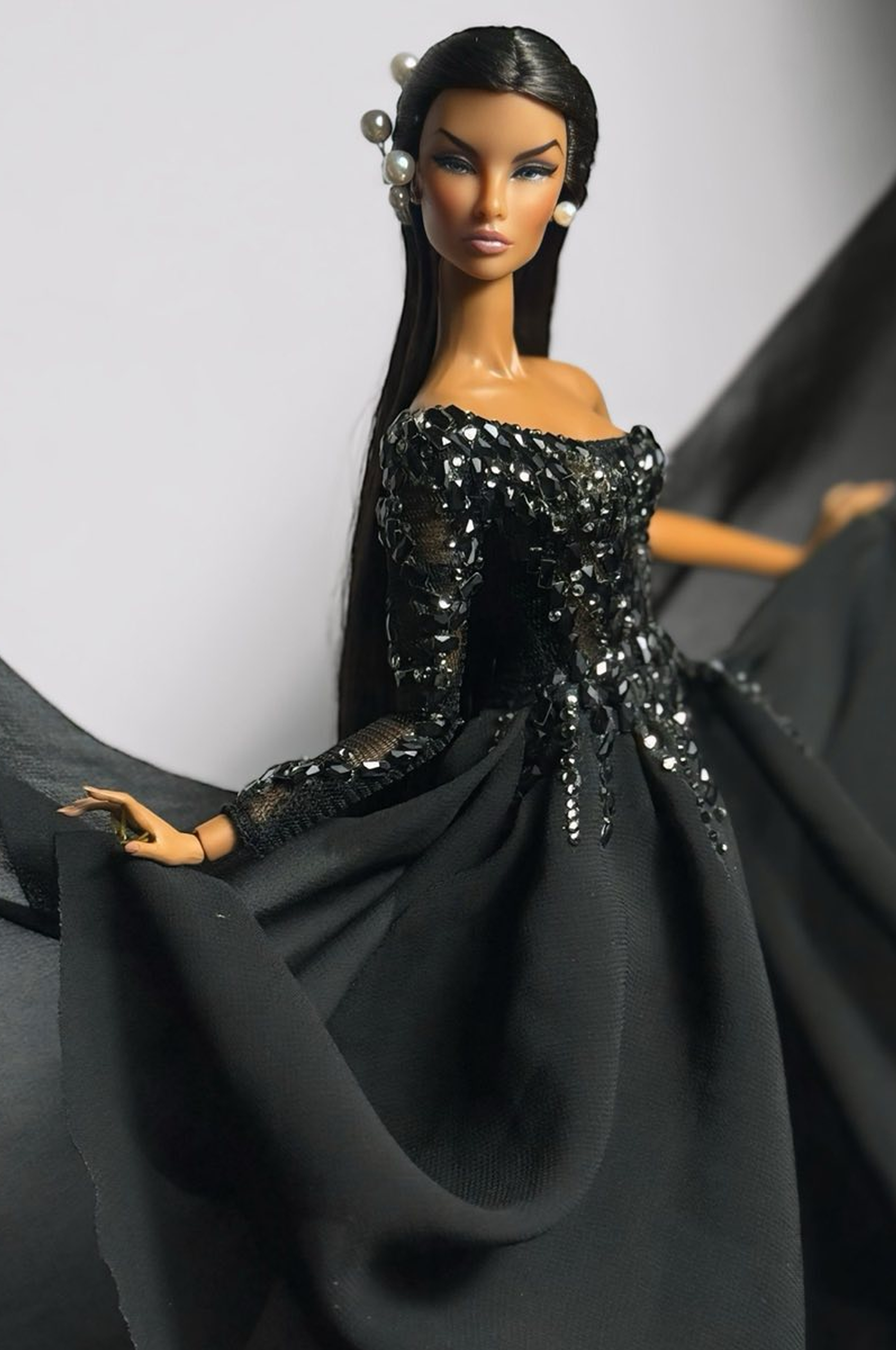 BASIC | Shimmerin’ Black Sequin Gown 1/6 High fashion doll clothes – Off-Shoulder Couture Dress with Dramatic Overskirt