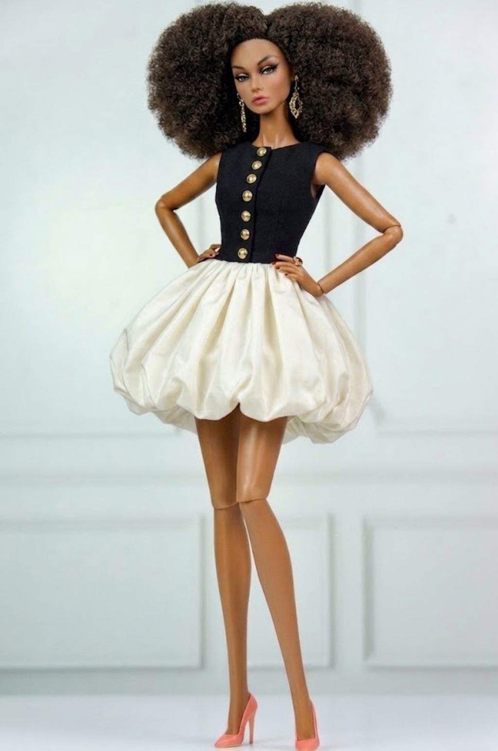 MODERN SENSUAL | A Black Button Bodice & Ivory Bubble Skirt Mini Dress | Elegant Couture Outfit for FR Dolls