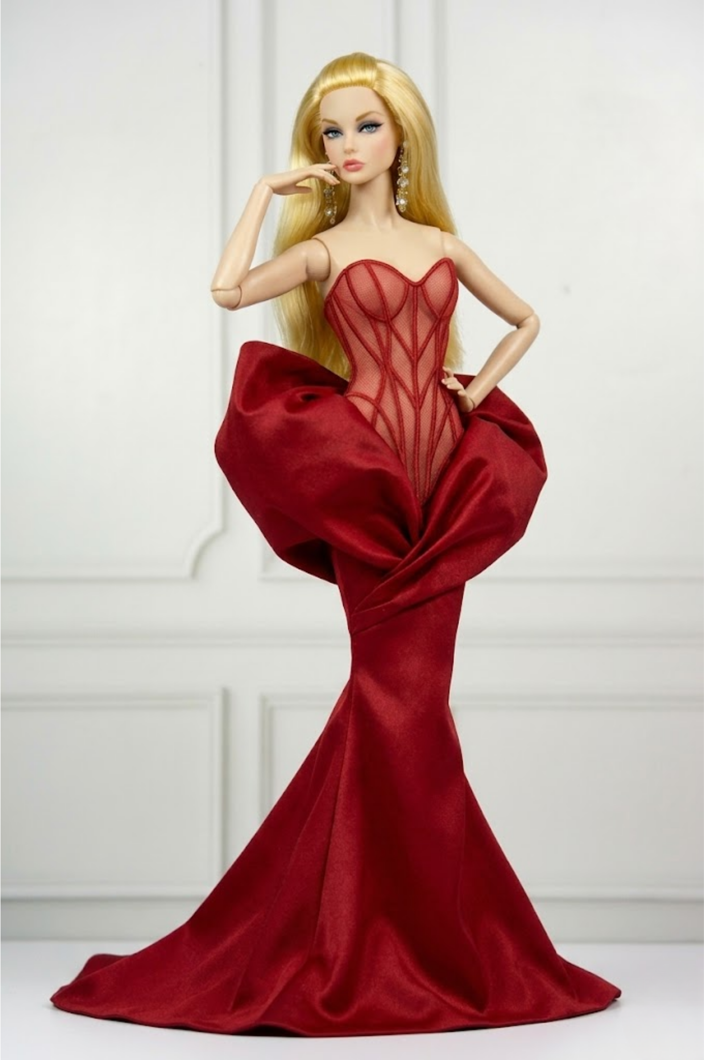 MODERN SENSUAL | Crimson Sculpted Corset Gown for 12” Fashion Dolls | Couture Mermaid Dress | Fashion Royalty 6.0 Doll Clothes