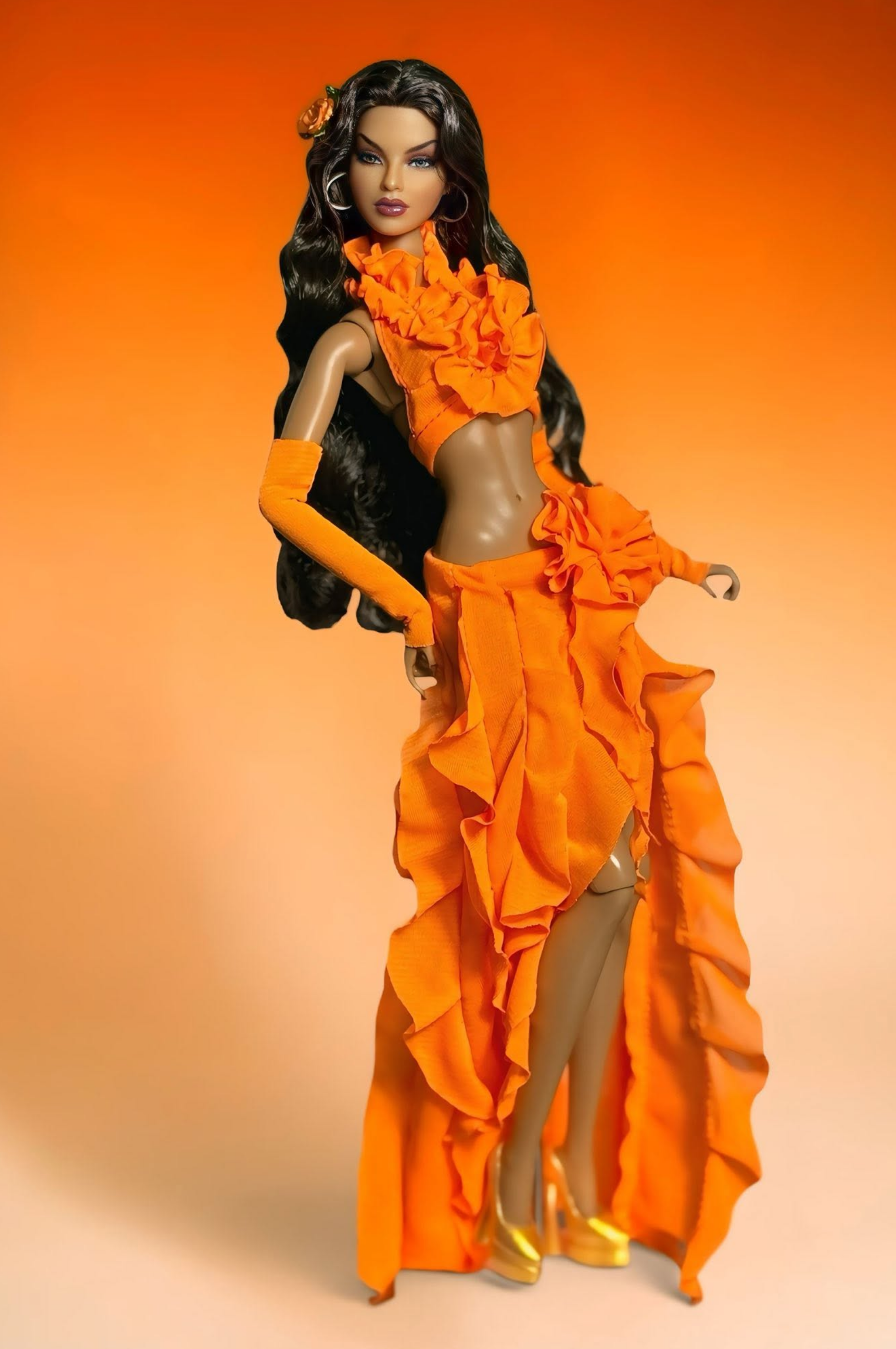 PRIDE | PR Orange Ruffle Beach Goddess Set for Fashion Royalty Dolls - Tropical Sunset Outfit - Handmade Doll Clothes for FR6.0 Nu Face Poppy Parker
