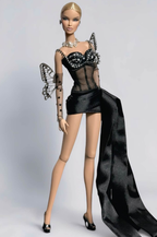 EDEN CHOICE | 1/6 Scale Black Crystal Corset Mini Dress Set – Handmade Couture Evening Outfit with Mesh Corset, Rhinestone Bustier & Draped Train – Fashion Doll Clothes | Plastiktiara