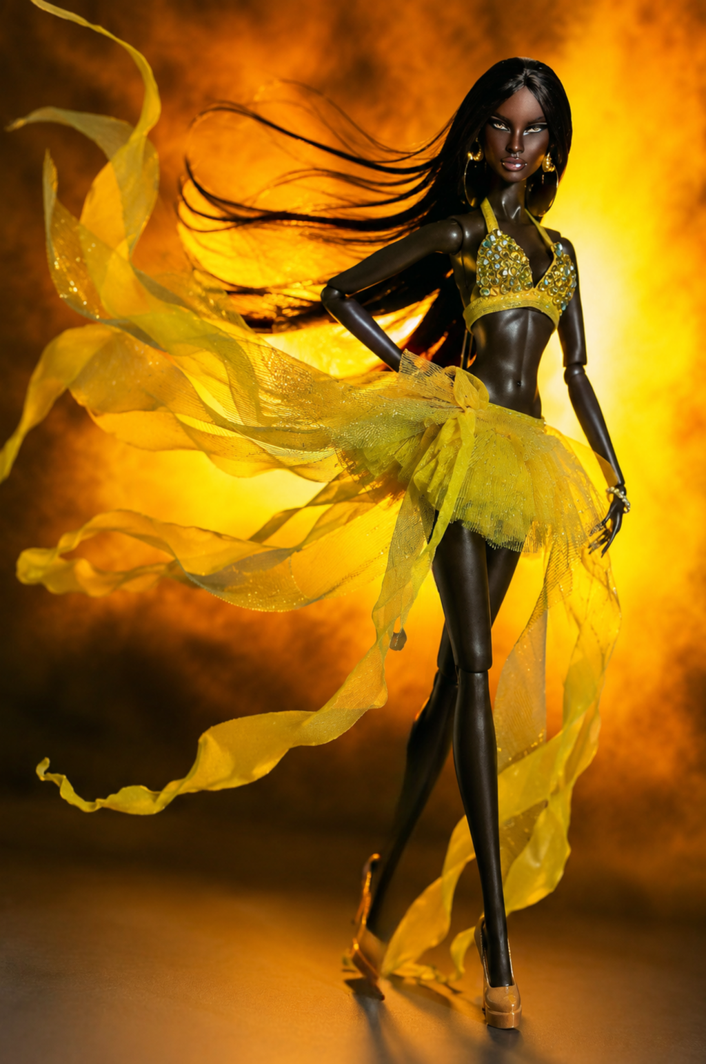PRIDE | Yellow Joy Doll Outfit for Fashion Royalty Dolls - Yellow Sequin Bra Top and Flowing Skirt - Integrity Toys FR6.0 Nu Face Poppy Parker Fashion