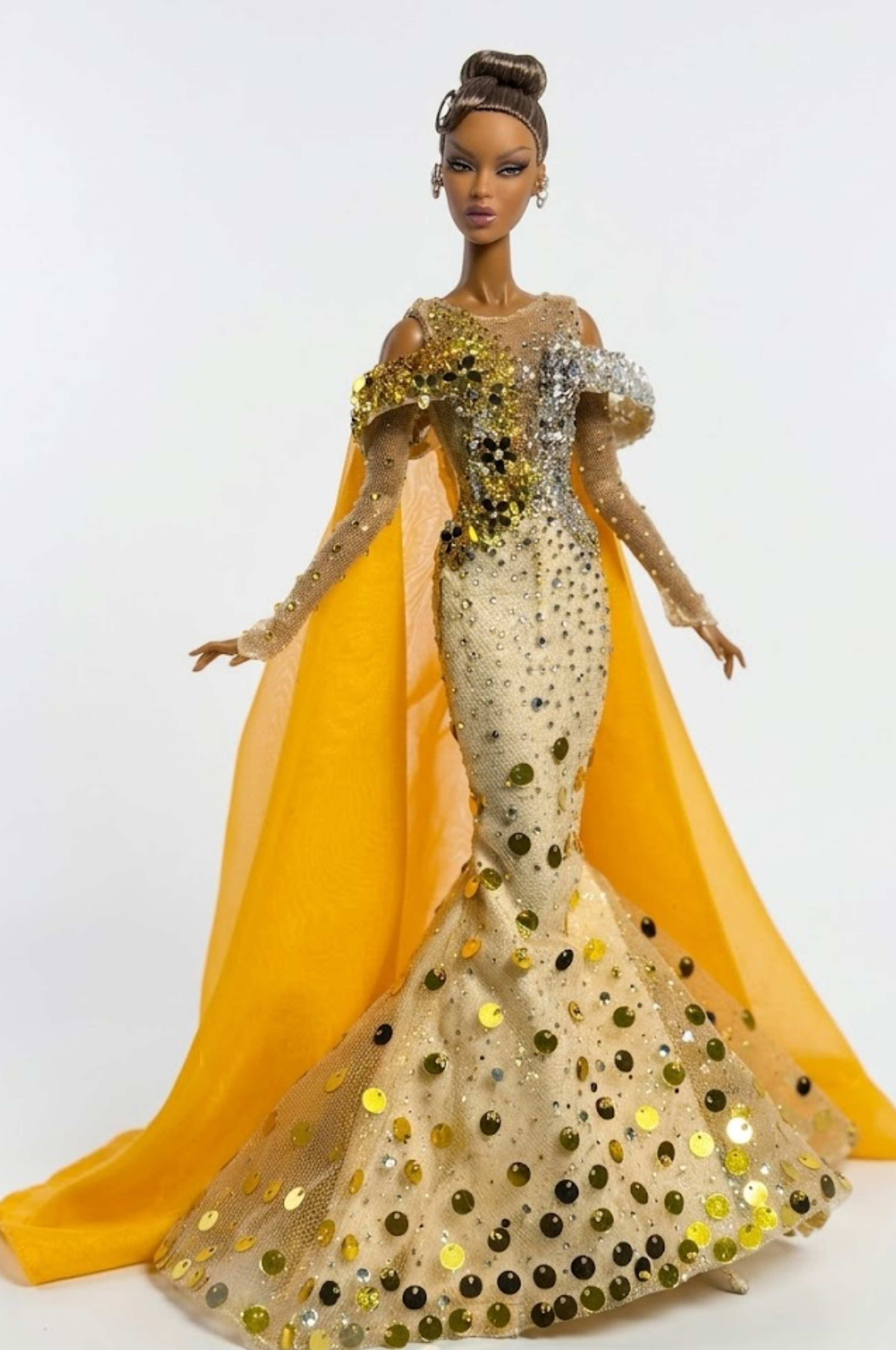 HAUTE | Golden Aura Couture Gown -  Luxury 1/6 Scale Doll Outfit – Handmade Designer Piece