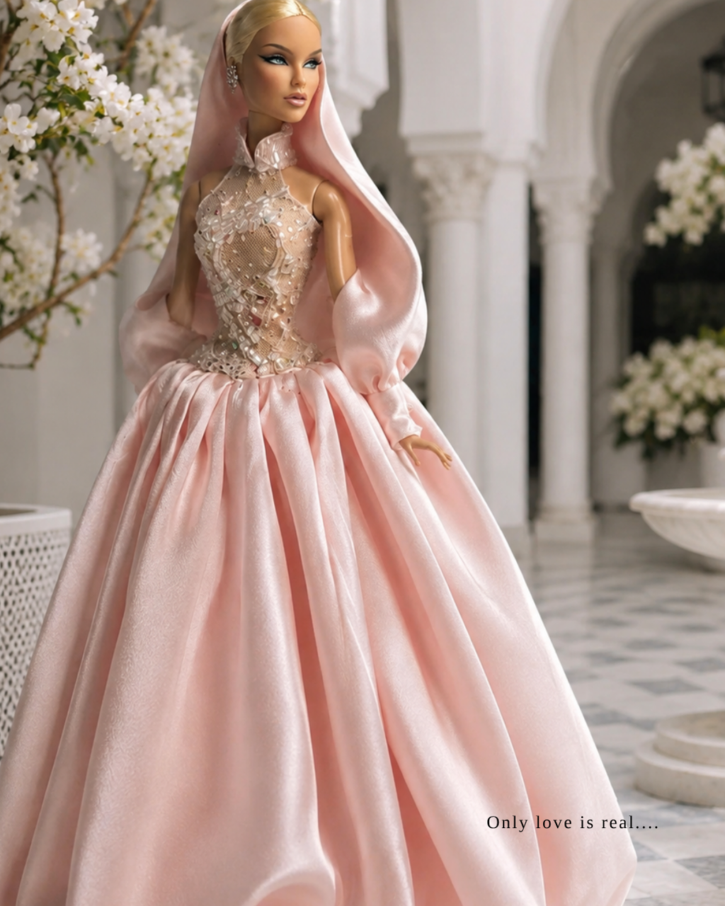 DELUXE | Pink Beaded Couture Ball Gown with Hood | Handmade Fashion Royalty Doll Clothes | 1/6 Scale Couture Dress | Plastiktiara