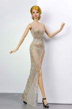 HAUTE | Golden Illusion Beaded Gown for Fashion Royalty 6.0 Doll | Sheer Evening Dress with High Slit | Handmade Couture Doll Clothes by Plastiktiara