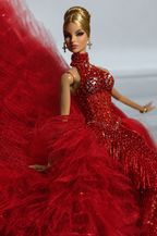 HAUTE | Red Crystal Couture Gown with Removable Ruffle Train for 1/6 Scale Fashion Dolls – Handmade Evening Dress | Plastiktiara