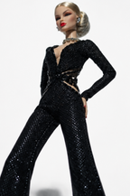 HAUTE | Black Inferno Jumpsuit with Fur Cape for Fashion Royalty Dolls 12 Inch - Handmade Doll Clothes - Integrity Toys FR6.0 - OOAK High Fashion Editorial Outfit