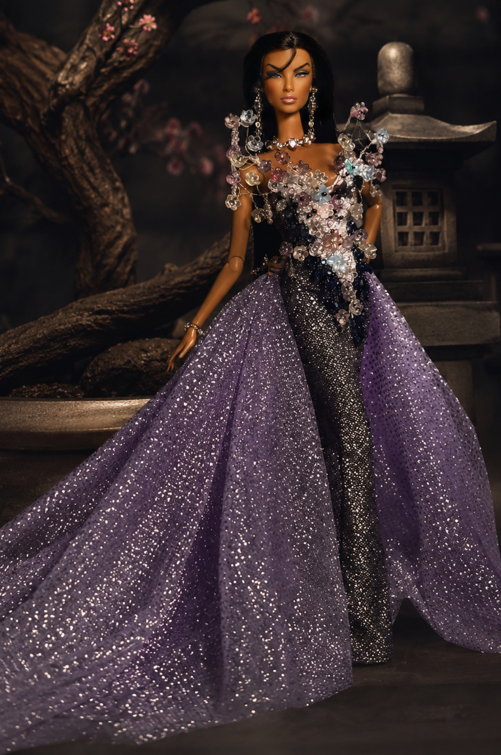 OOAK  | OOAK Fashion Doll Evening Gown - Handmade Couture Purple Glitter Mermaid Dress with Crystal Floral Overlay for Fashion Royalty Doll | Plastiktiara