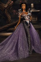 OOAK  | OOAK Fashion Doll Evening Gown - Handmade Couture Purple Glitter Mermaid Dress with Crystal Floral Overlay for Fashion Royalty Doll | Plastiktiara