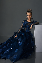 HAUTE  Midnight Blue Floral Ball Gown for Fashion Royalty Dolls | Handmade 1/6 Scale Doll Clothes | Couture Evening Dress