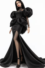 HAUTE | Black Silk Mermaid Gown & Sheer Net Bodysuit for 1/6 Scale Fashion Doll | Plastiktiara