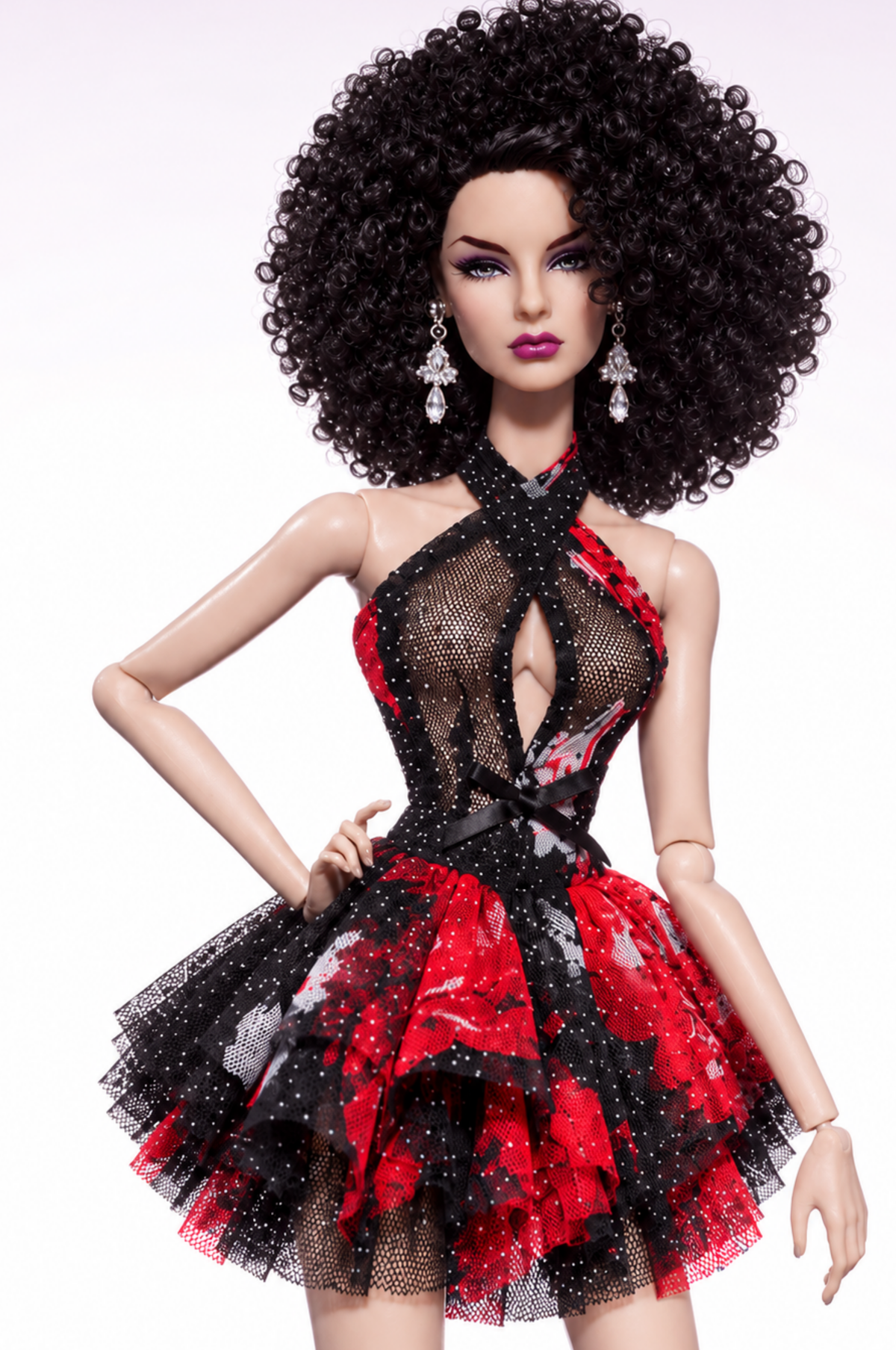 BASIC |  Crimson Bloom | Floral Mesh Halter Mini Dress for Fashion Royalty Dolls | Plastiktiara