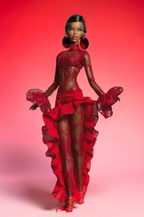 PRIDE | Crimson Siren Sheer Lace Gown for Fashion Royalty Doll – Red Ruffle Evening Dress – 1/6 Scale Doll Clothes – Fits FR6.0 Nu Face Poppy Parker