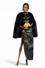 QIPAO | Black Shanghai Moon - Handmade 1/6 Scale Couture Qipao with Faux Fur Cape - Luxury Fashion Doll Outfit - Fits Fashion Royalty Size Dolls